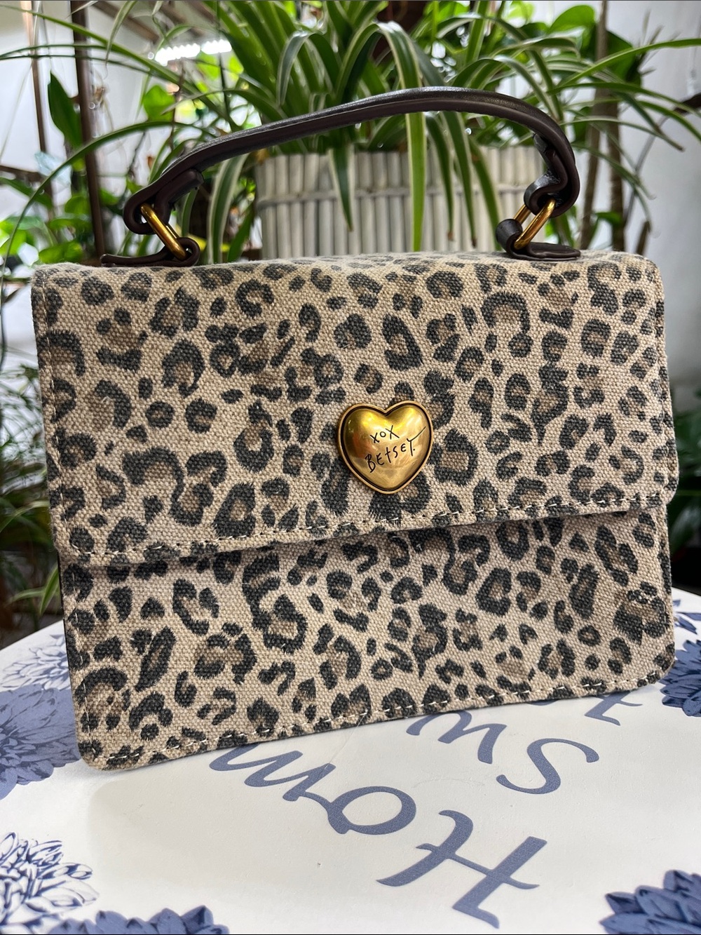 Betsey Johnson Leopard Print Satchel with Gold Heart Accent